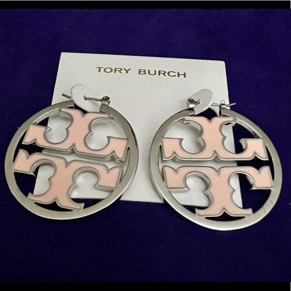 🆕 Tory Burch Authentic Silver And Pink Miller Enamel Inlay Hoop Earrings - Picture 9 of 11